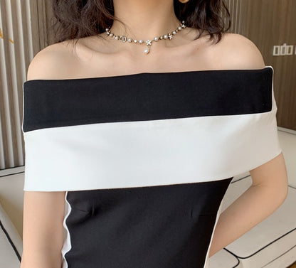 DOLLY Elegant Black and White Off Shoulder Short Sleeve Long Bandage Dress-MAZE