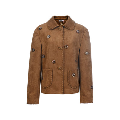 FAME Brown Three-Dimensional Flower Beaded Suede Jacket Top - KENNY.