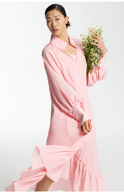 LEDIM W luxury highend ruffle soft pastel pink loose shirt midi dress - Imon