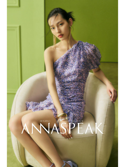 AnnaSpeak Luxury Purple Floral Print Swing Collar Short Puff Sleeve Short French Dress-Olive