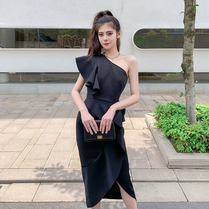 DOLLY Elegant Stylish Ruffle Off Shoulder Slim Fit Midi Slit Dinner Dress-LEOLA