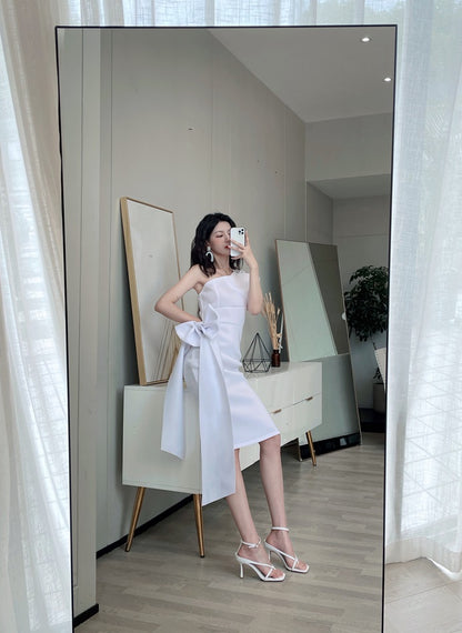 DOLLY Elegant French Style Slant Collar Sleeveless High Waist Midi Dress-QUINNE