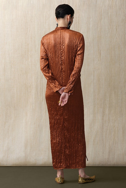 ZHUCHONGYUN Glossy Pleated Beaded Strap Straight Maxi Dress-YOKOZO.