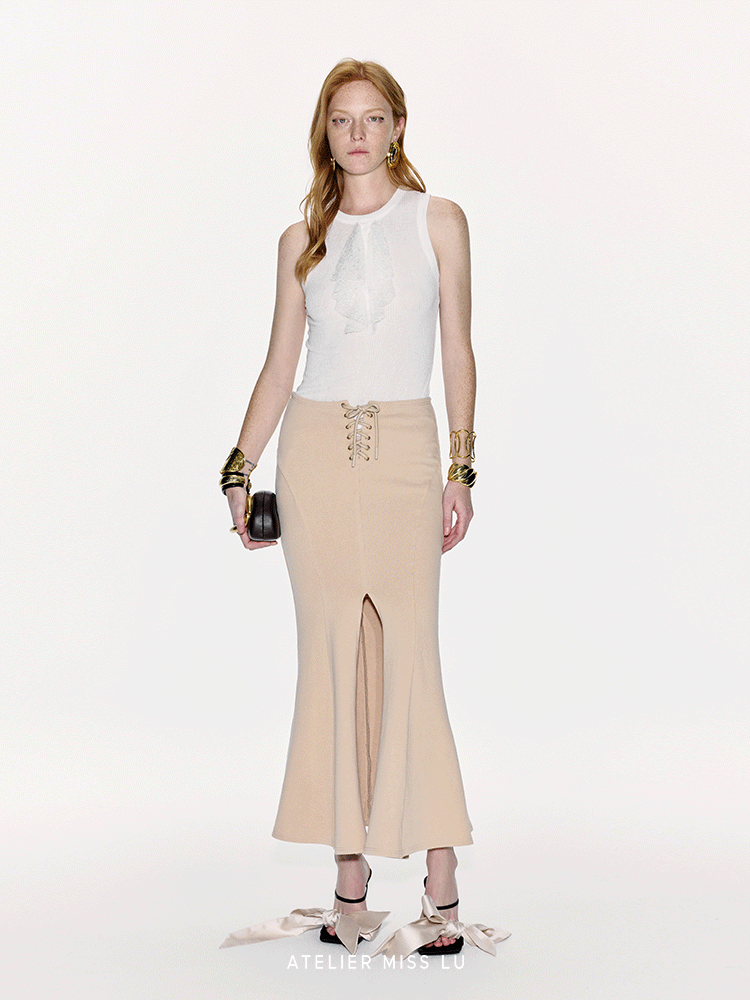 ATELIER MISS LU Crossover Tie Design Front Slit Fishtail Maxi Skirt - MARTIN.