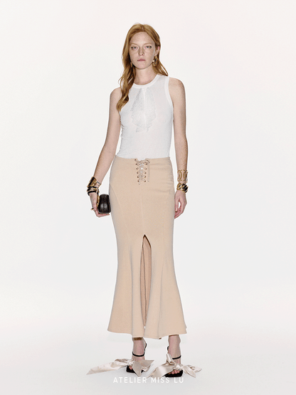 ATELIER MISS LU Crossover Tie Design Front Slit Fishtail Maxi Skirt - MARTIN.