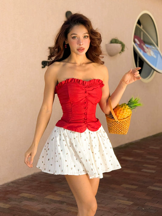 Le Palais Vintage Sweet and Spicy Big Red Fishbone Corset Small Floral Skirt-HAJIME.