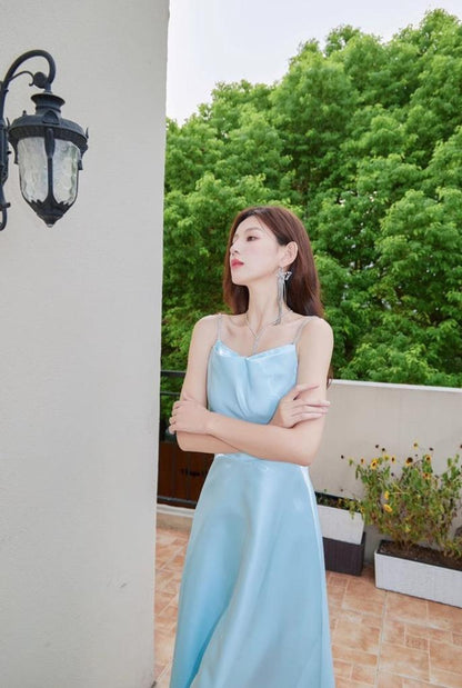 DOLLY High End Blue Off Shoulder Sleeveless Long Suspender Banquet Dress-AGATHA