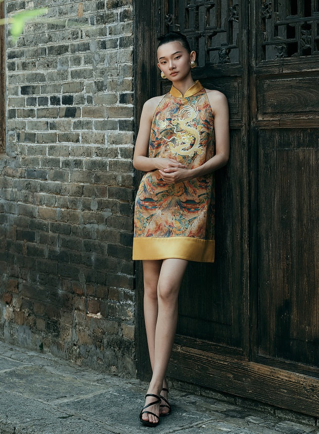 HECO Chinese Stand Collar Color-Blocked Golden Dragon Embroidery Dress - ZIPH