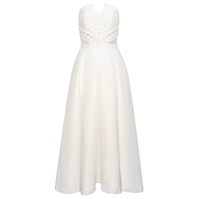 YES BY YESIR white elegant sexy bandeau strapless pocket midi formal dress - Brida