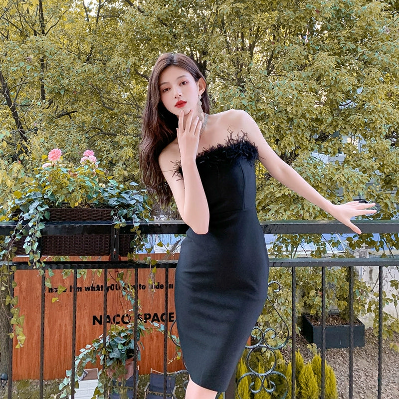 DOLLY Elegant Off Shoulder Feather Tube Top Slim Fit Dinner Date Dress-NANA