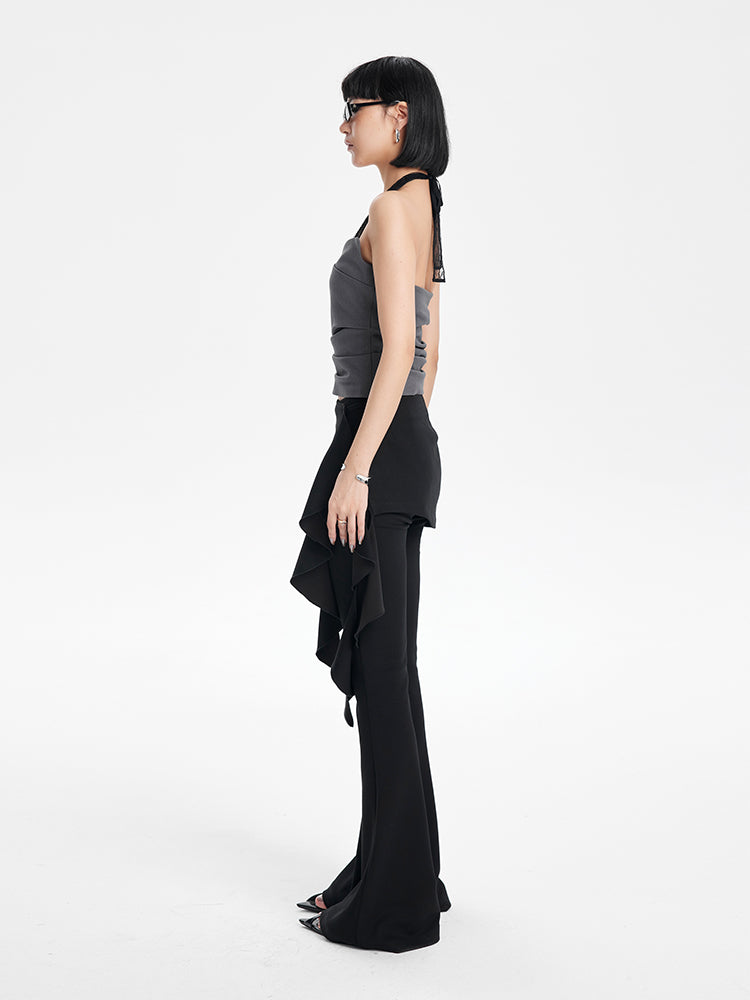 TINY IN  irregular sexy lace spliced gray halter neck top-FLORA
