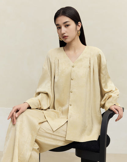 HECO Shan Ting Acetate Jacquard Suit Loose black yellow Top Pants Women - favour.