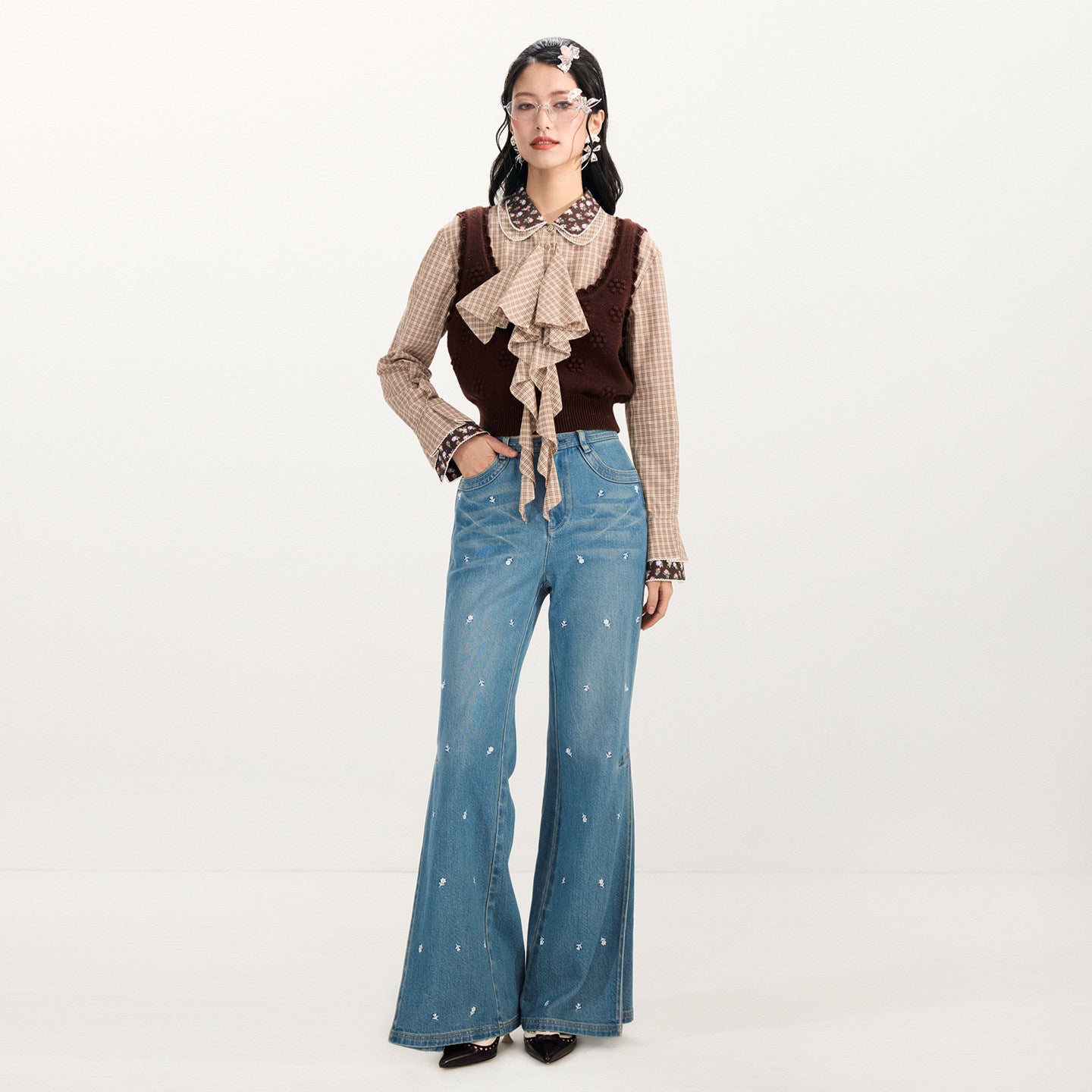 FAME Check Patchwork Vest Fake Two-Piece Knitted Top - DUKE.