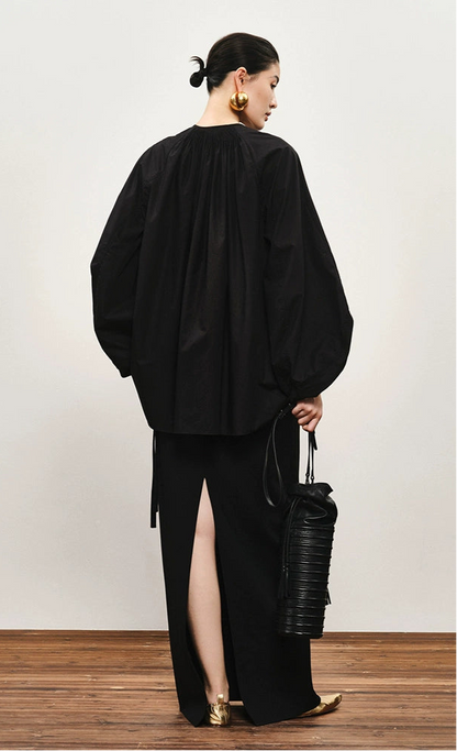 ZHUCHONGYUN Cotton Black Pinch Pleated Loose Straight Shirt--CHIDOME.