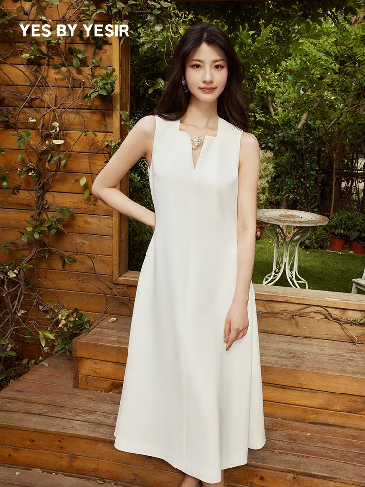 YES BY YESIR | Ye Qians Y-Shaped Metal Snake Accent Deconstructed V-Neck Midi Dress -SABRINA.