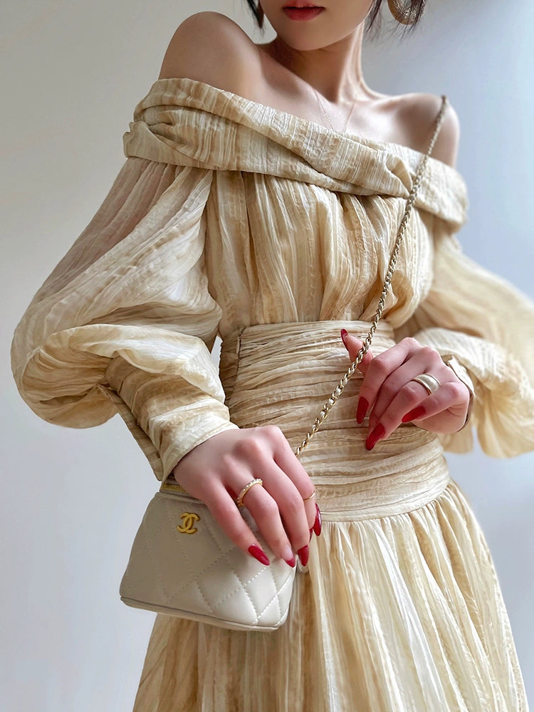 Aconiconi Elegant Wave Pattern Long Sleeve Loose Wedding Guest Dress- Dune