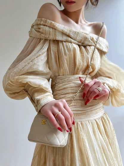 Aconiconi Elegant Wave Pattern Long Sleeve Loose Wedding Guest Dress- Dune