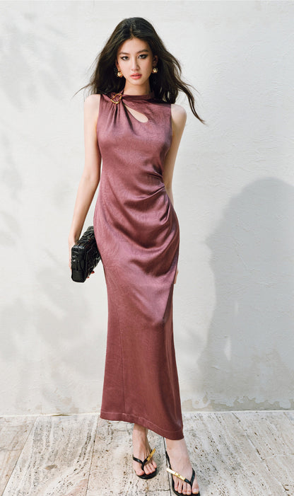 WANGXO |Water Drop Cutout, Custom Pin & Pinch-Pleated Sleeveless Dress- SENA