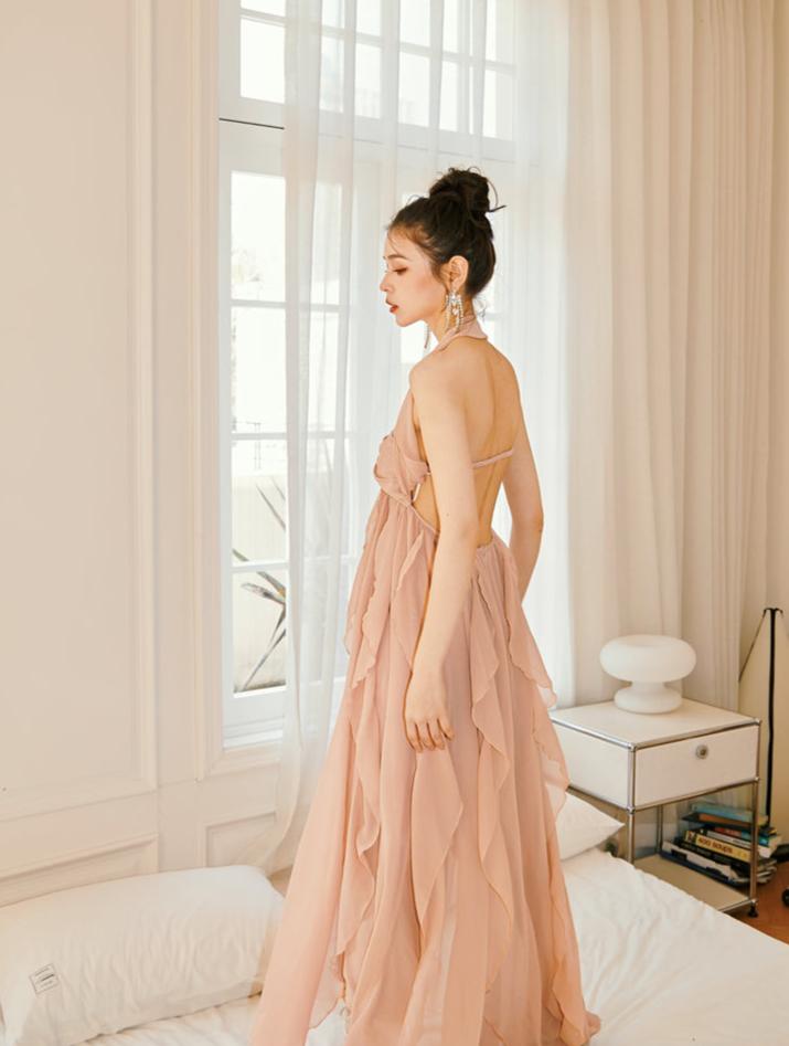 DOLLY Luxury Peach French Style Halter Neck Sleeveless Chiffon Flowing Dress-EVE