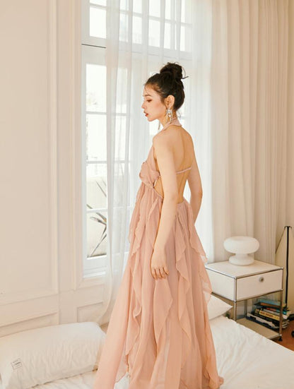 DOLLY Luxury Peach French Style Halter Neck Sleeveless Chiffon Flowing Dress-EVE