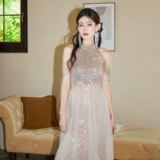 DOLLY Luxury Stand Collar Sleeveless Sequin Glitter Beads Long Nesh Cocktail Dress-SOPHIA