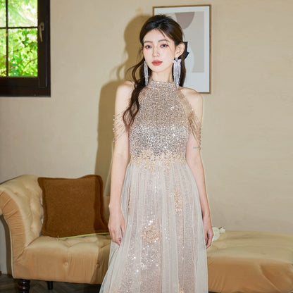 DOLLY Luxury Stand Collar Sleeveless Sequin Glitter Beads Long Nesh Cocktail Dress-SOPHIA