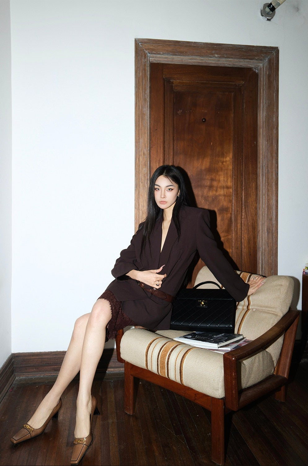 MEI SANGUAN sandalwood brown thin double-breasted blazer - INDIE