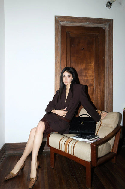 MEI SANGUAN sandalwood brown thin double-breasted blazer - INDIE
