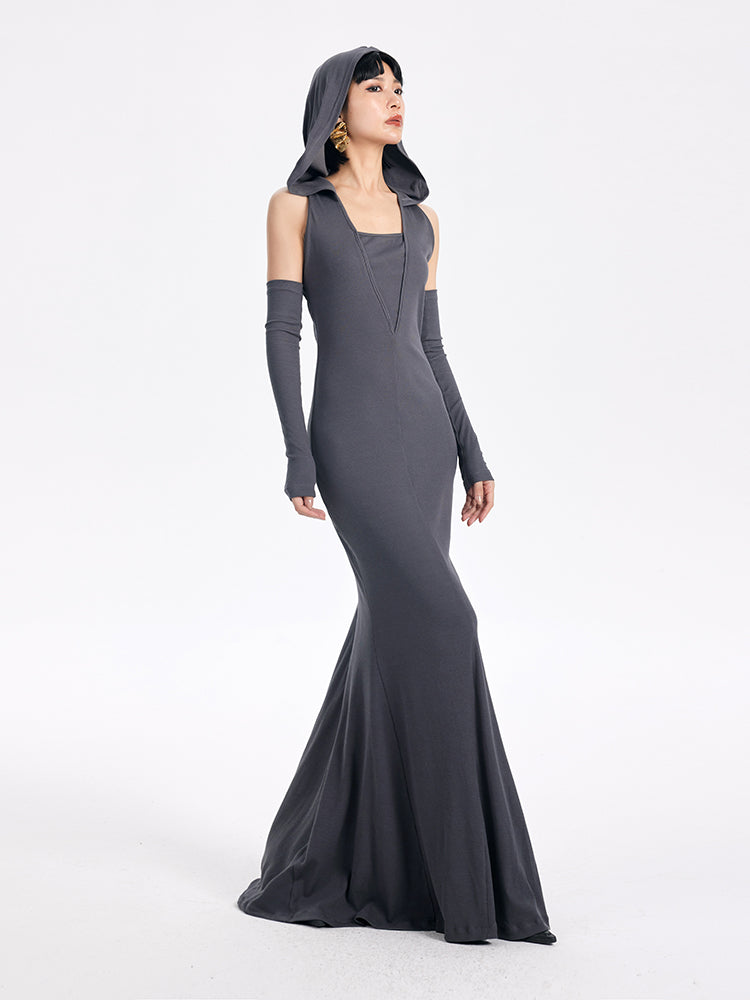 TINY IN sexy hooded backless two-tone fishtail women's dress -ROT
