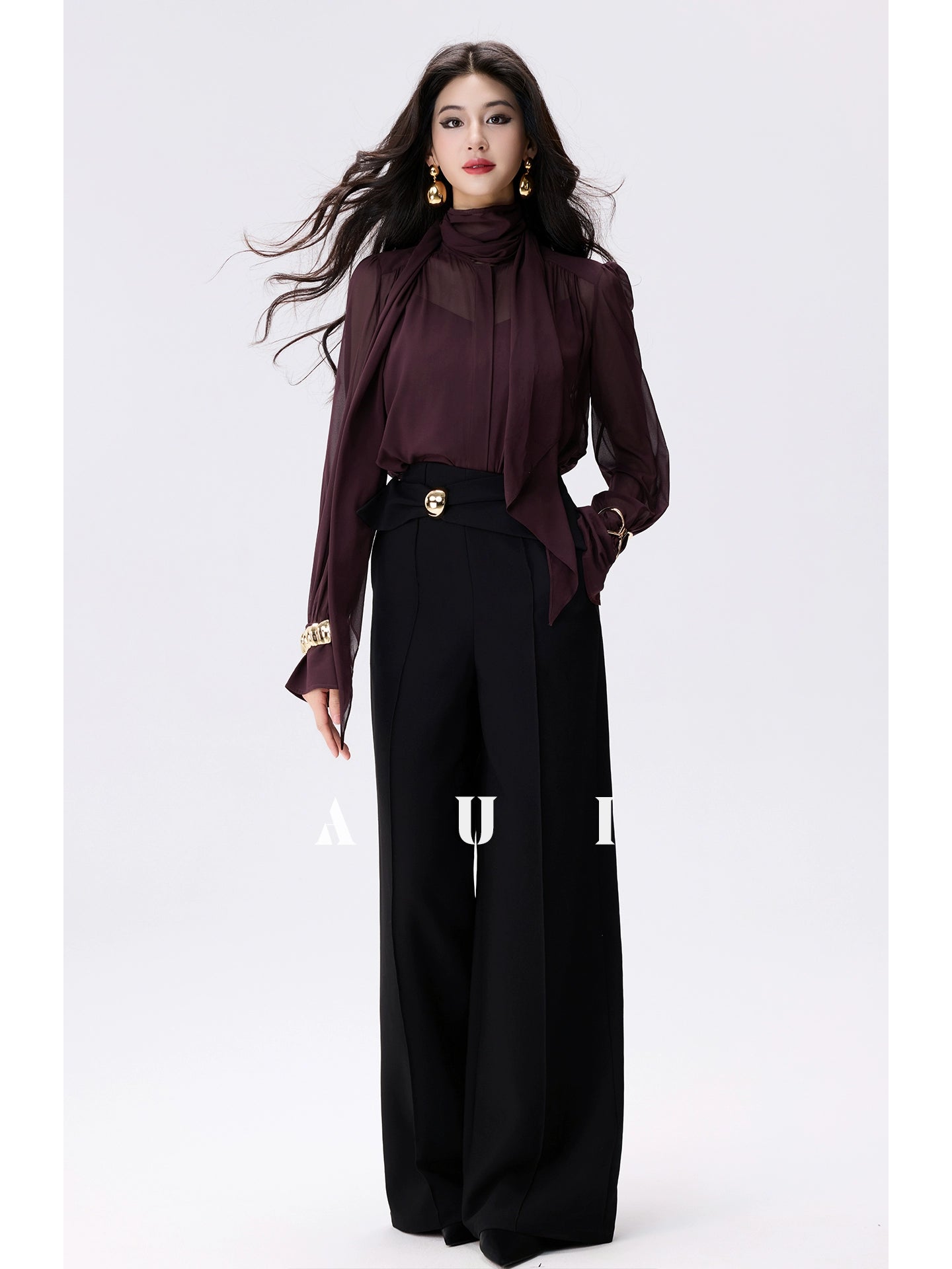 AUI burgundy streamer collar chiffon long-sleeved top -  Nabi