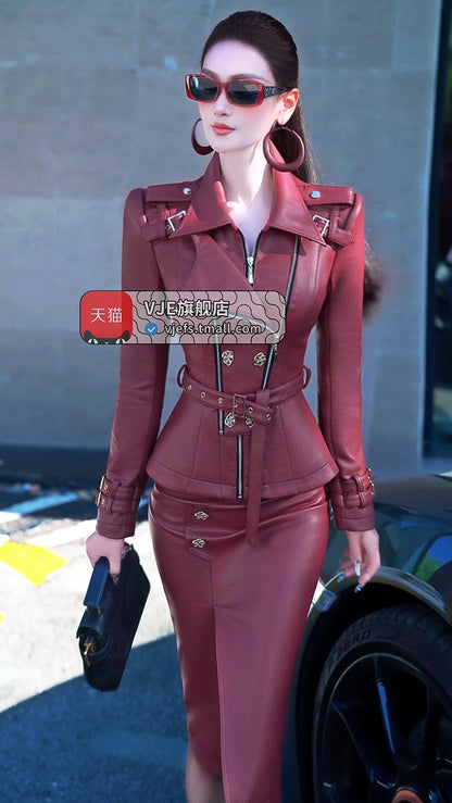 VJE PU Leather Jacket Midi Hip Skirt Two-Piece Skirt Suit Set-BORA.