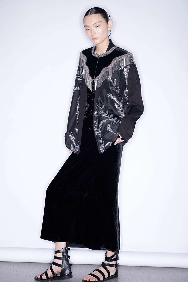 M essential Mackay designer silk-velvet crewneck tassel cape blazer dress set-  Benny.