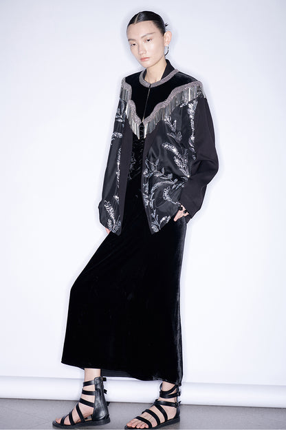 M essential Mackay designer silk-velvet crewneck tassel cape blazer dress set-  Benny.
