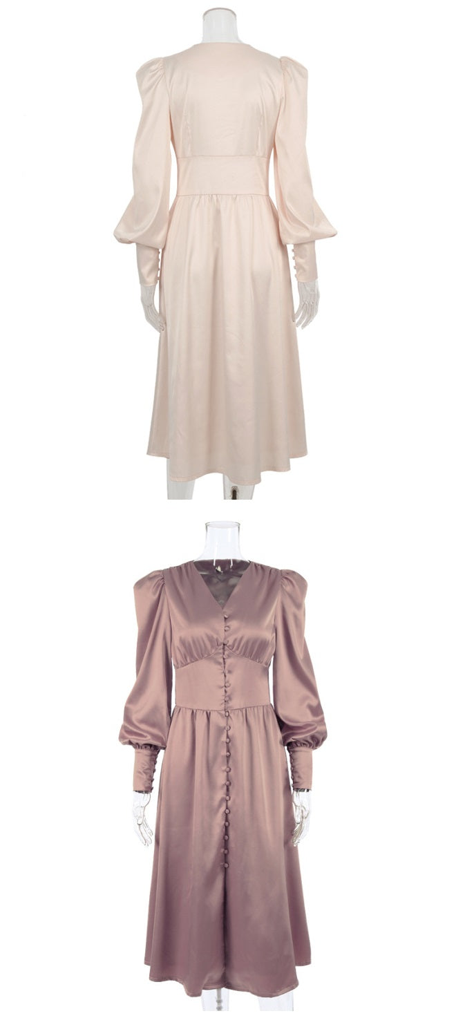 DOLLY Elegant V-Neck Long Lantern Sleeve Long Button Church Dress-NANA