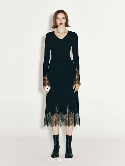 ATELIER MISS LU  lace-panelled cashmere and wool-blend top - TESTIMONY.