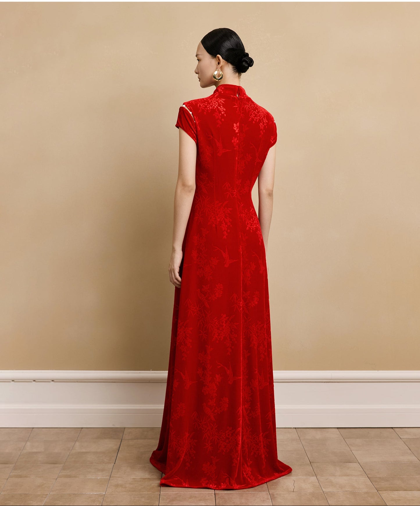 HECO Velvet Embossed Red Black Long Dress Women's- EXPECT.