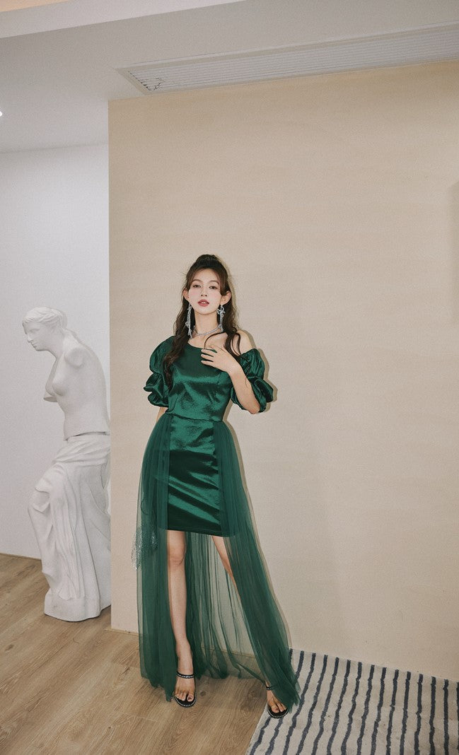 DOLLY Elegant Dark Green Retro Style Slant Collar Short Puff Sleeve Short Banquet Dress-CHITAH