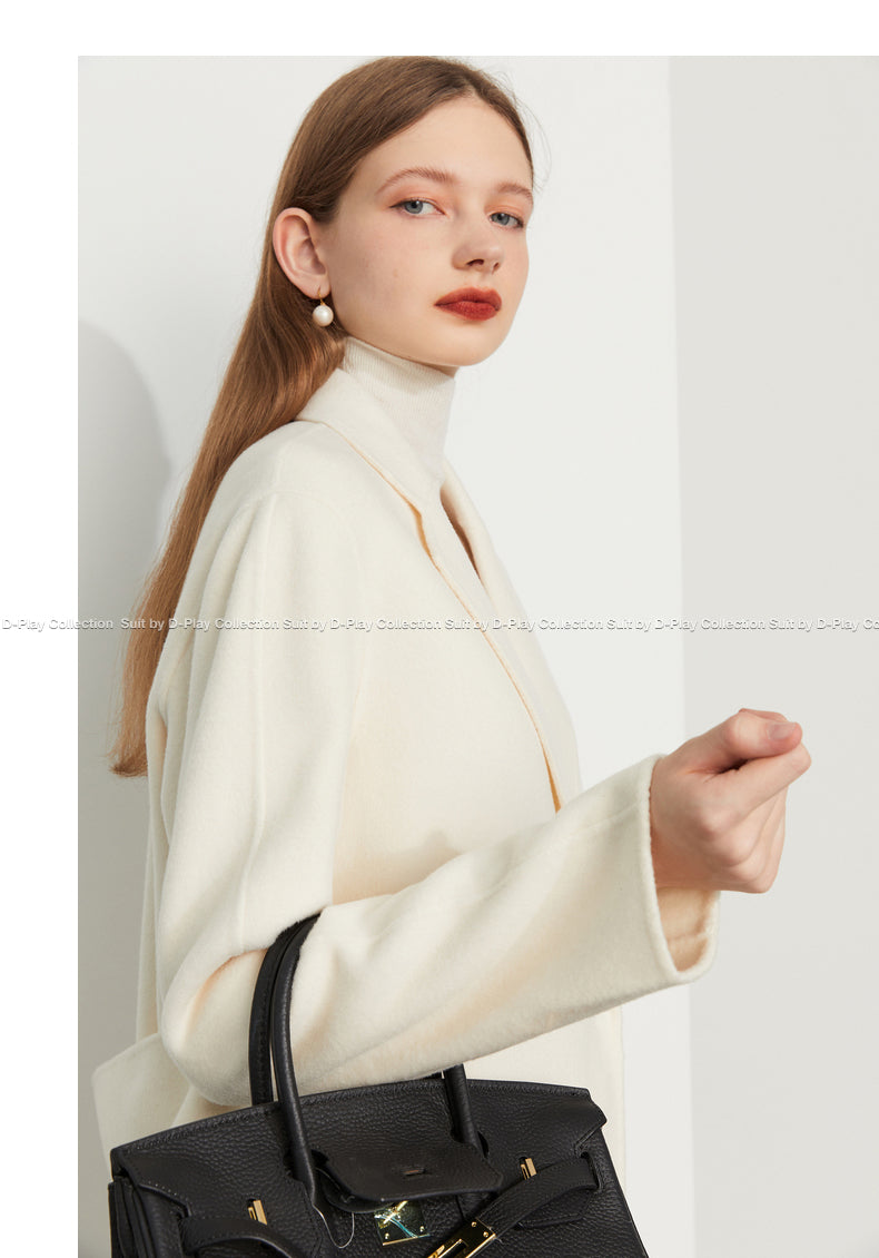 Fall Autumn Cream White Lapel Slit Wide Belt Double Wool Coat - Tianna