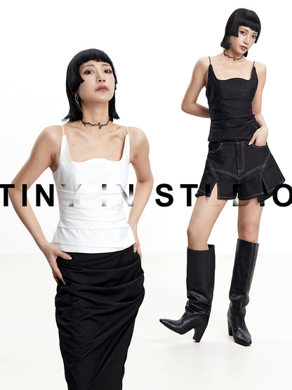 TINY IN w-neck pleated black white back zipper camisole - PIPER