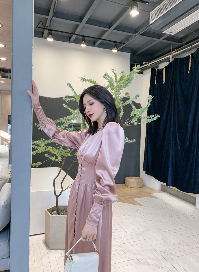 DOLLY Elegant V-Neck Long Lantern Sleeve Long Button Church Dress-NANA