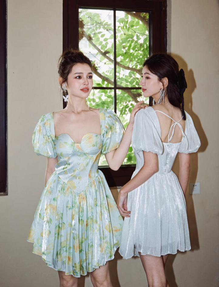 DOLLY Elegant Square Collar Short Sleeve Corset Top Backless Midi A-Line Dress-GISELA