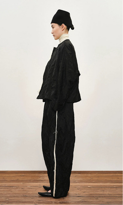 ZHUCHONGYUN black pleated woven strip loose cocoon pants--DANTE.