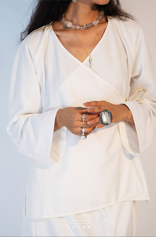 TUYUE V-neck slim flared sleeve lace-up wrap top - BELLA.