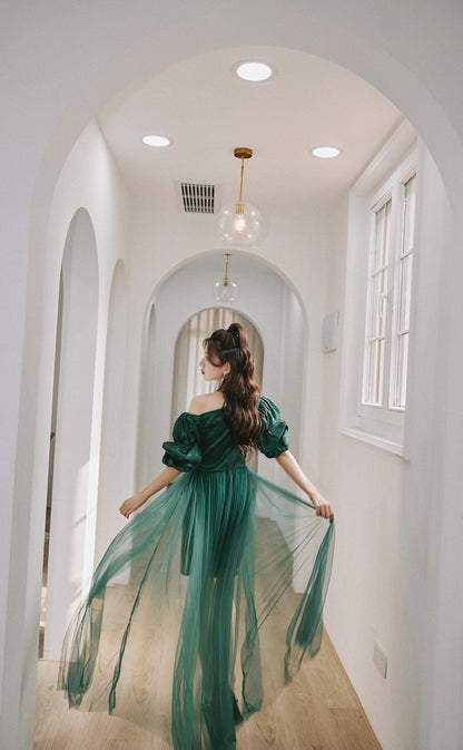 DOLLY Elegant Dark Green Retro Style Slant Collar Short Puff Sleeve Short Banquet Dress-CHITAH