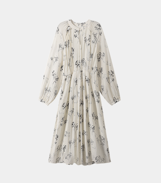 SUSHE white moonlight ink jacquard A-line  French summer long sleeve dress women-FLORA