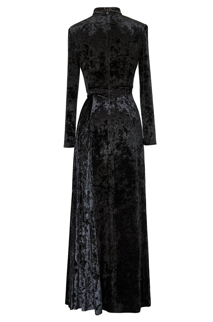Magic Q vintage diamond velvet heavy embroidery split slim high-rise dress long -Leoma
