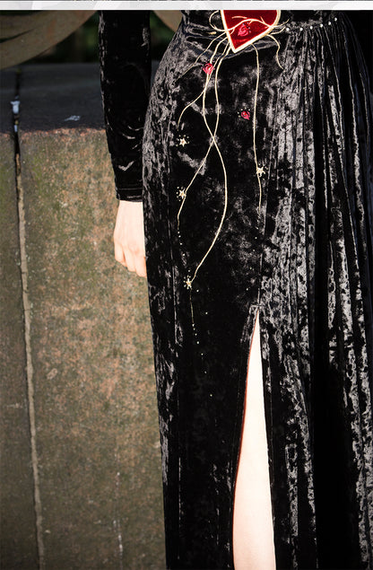 Magic Q vintage diamond velvet heavy embroidery split slim high-rise dress long -Leoma