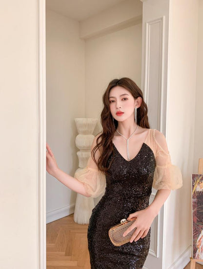 DOLLY Elegant Black Glitter Mesh Long Puff Sleeve Sequin Evening Dress-NUNU