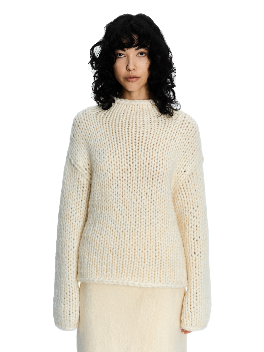 SERRER Ivory alpaca coarse stick needle hand-knitted long sleeved sweater - JULIAN.