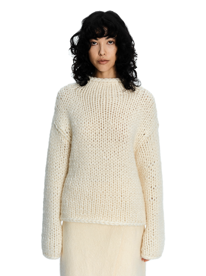 SERRER Ivory alpaca coarse stick needle hand-knitted long sleeved sweater - JULIAN.